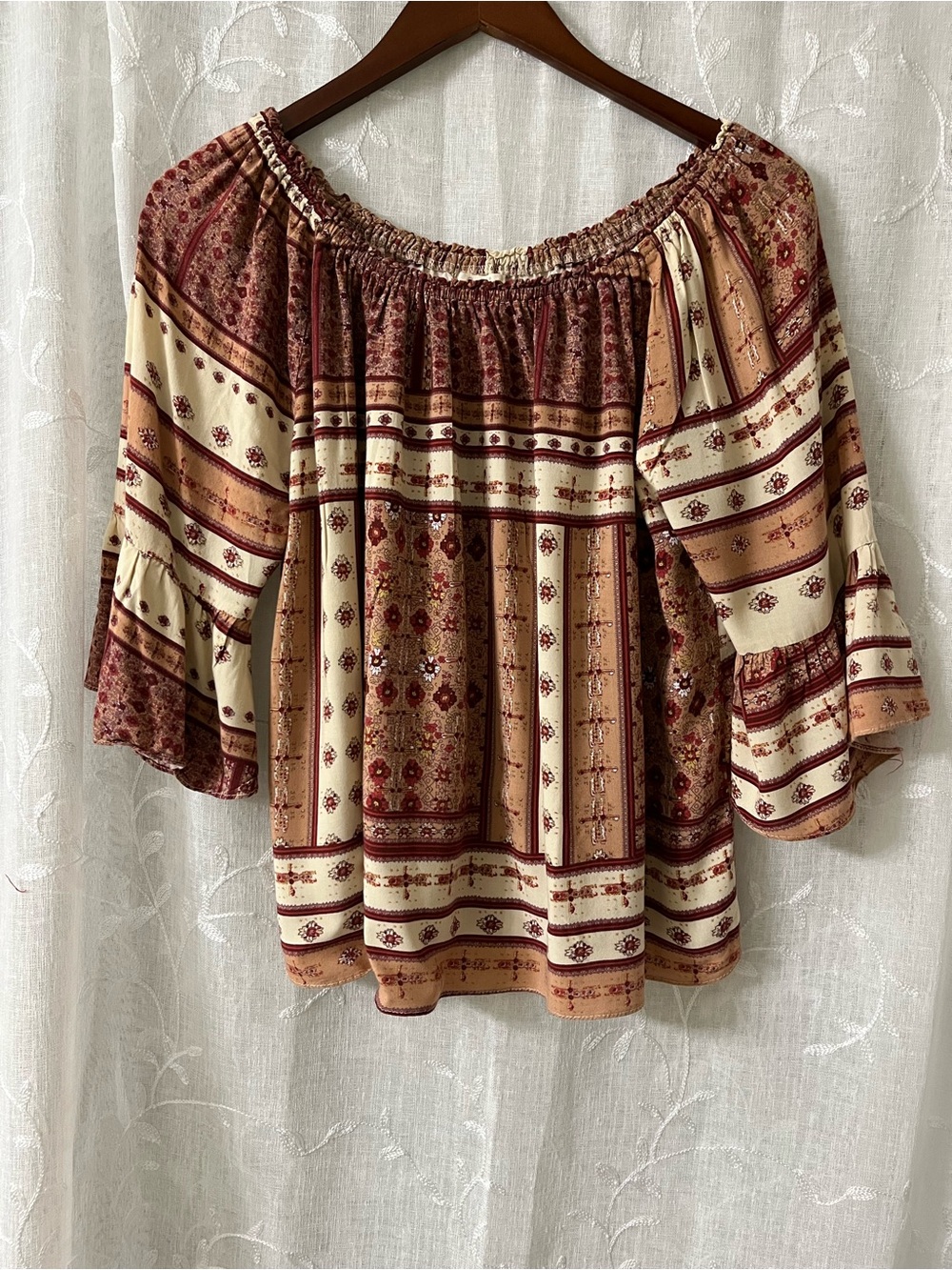 Ganji LA Boho Floral Blouse in Cream and Burgundy - Women’s Medium